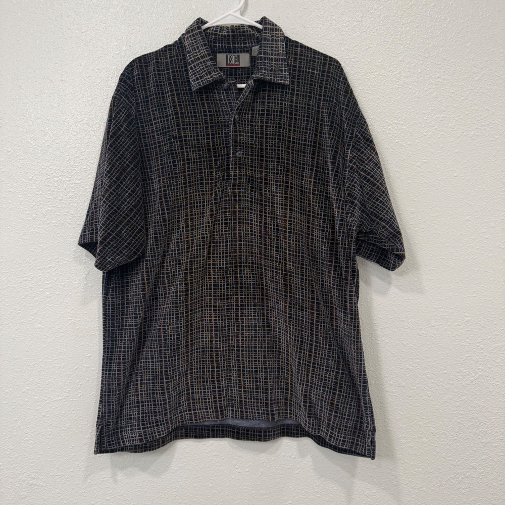 TSR Collection Mens Large Blue Brown Grid Textured Knit Short Sleeve Polo Shirt